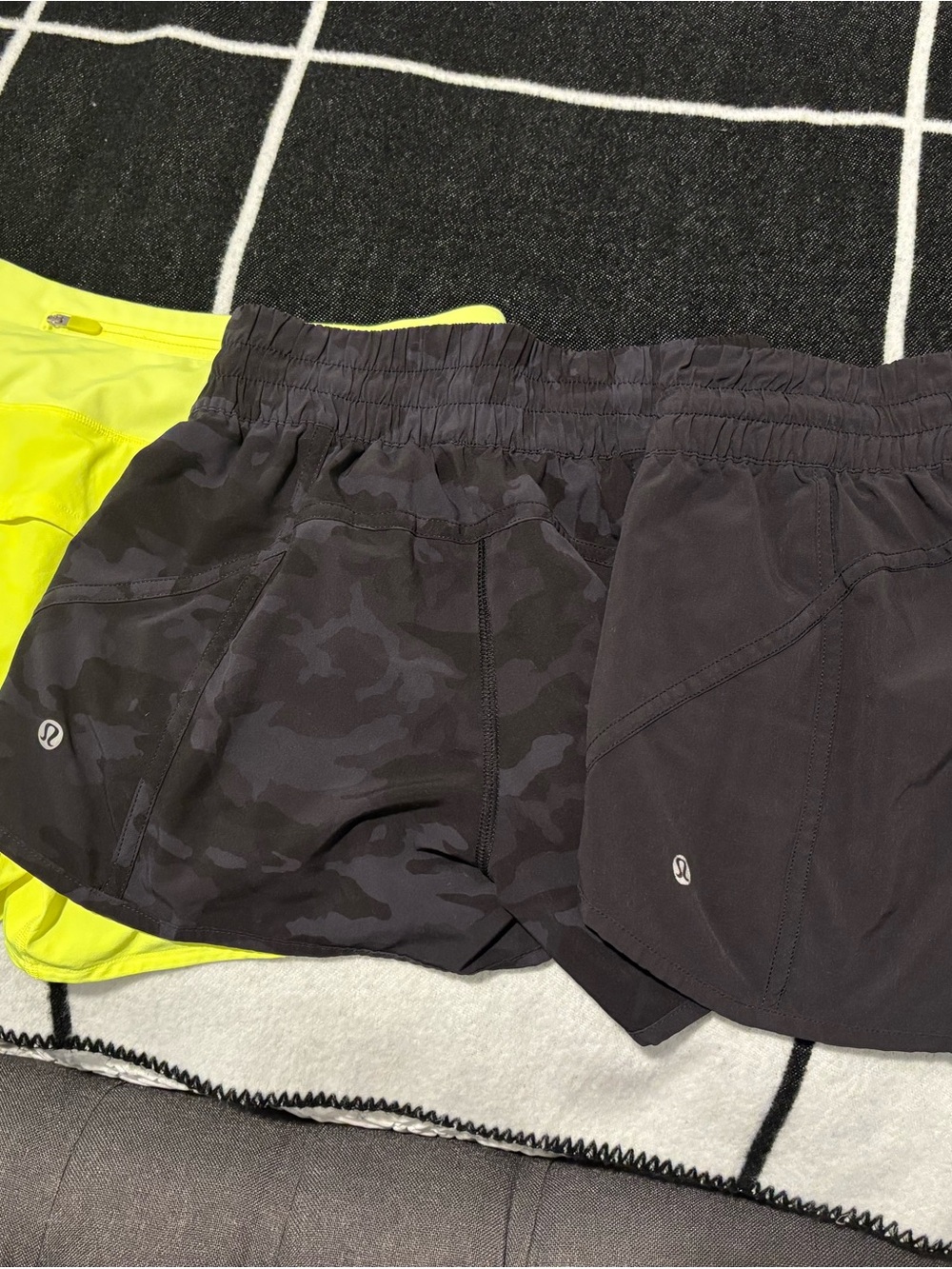 lululemon athletica Women’s Athletic Shorts - Black, Charcoal Camo, Neon Yellow